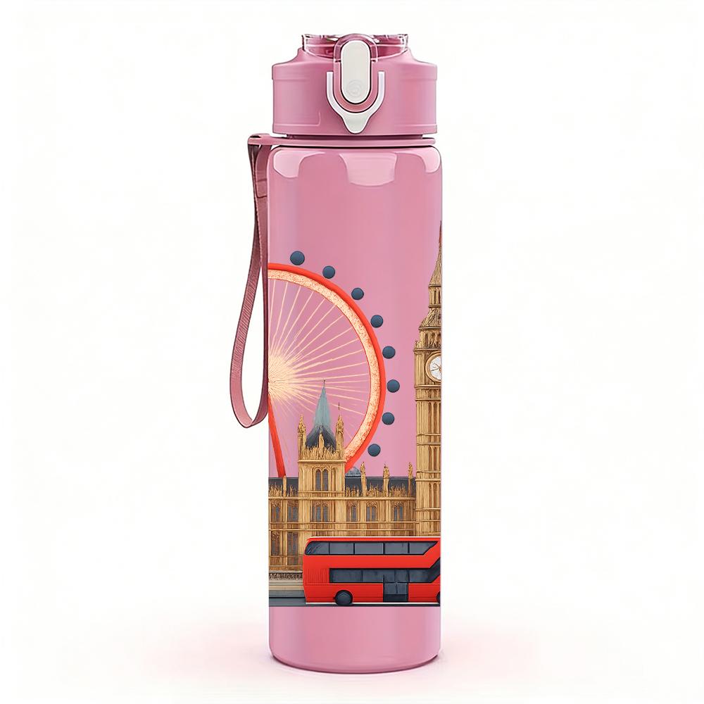 1PC London Ferris Wheel Scene 750ml Color Plastic Sports Water Bottle Leakproof Flip Straw Lid For Sports Office Home Use