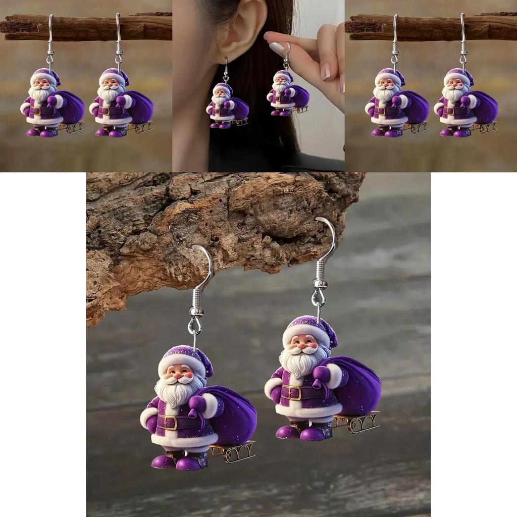 Purple Santa Claus Acrylic Earrings With Printed Art For Christmas Gift Ideas