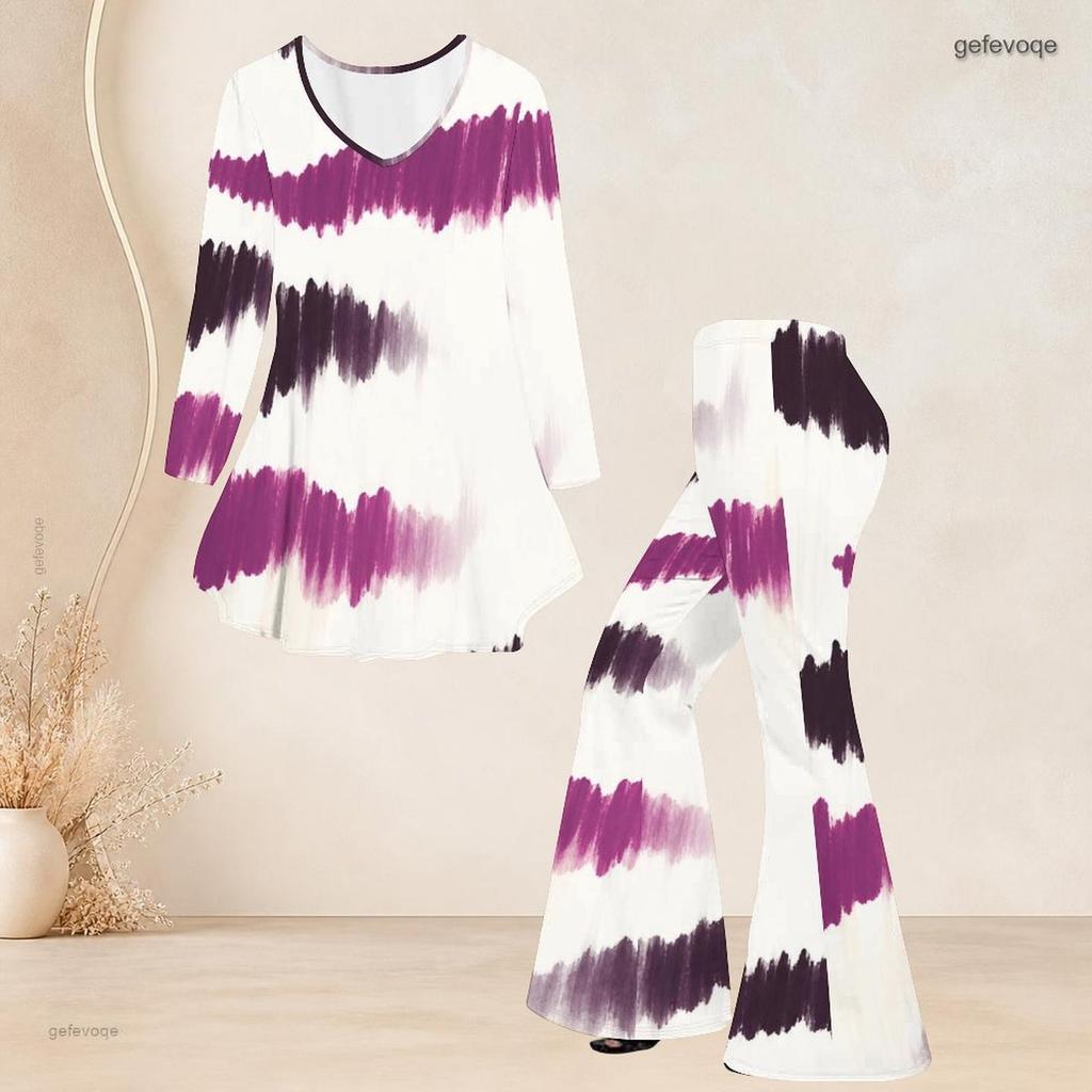 Women Plus Size V Neck Three Quarter Sleeve Printed Blue Flared Top And Flared Pants Two Piece Set