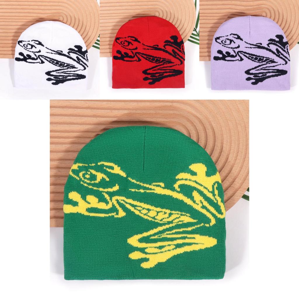 Black Acrylic Cold Weather Cap With Frog Pattern For Streetwear And Casual Use