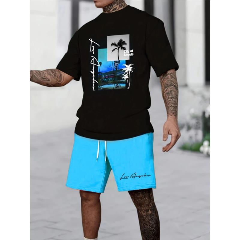 

Digital printed summer landscape pattern print Men s casual two-piece set XXS