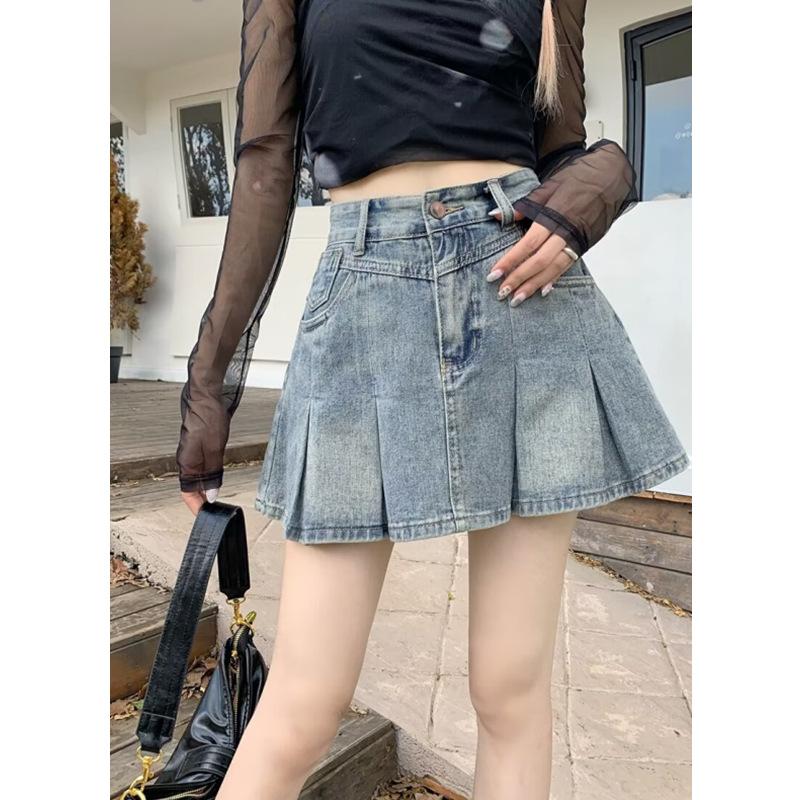 American Retro Denim Skirt Women s Summer Pleated Skirt Small High Waist Thin A Word Short Skirt High Waist Light Wash Denim Pleated Mini Skirt S