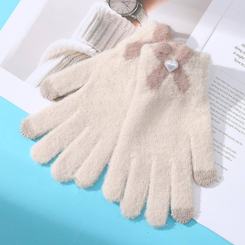 [Solid color elegance] 2025 new knitted thermal gloves women's winter cute bow touch screen five fingers