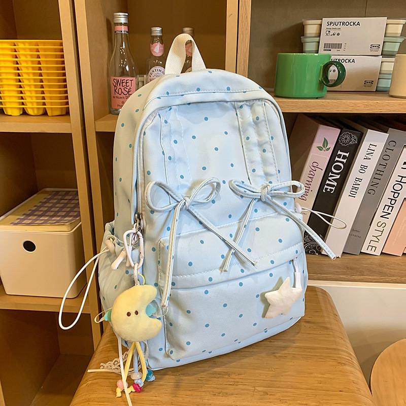 

Nylon Waterproof Business Casual Backpack With Dot Print And Bow Decoration For Students And Commuters синий