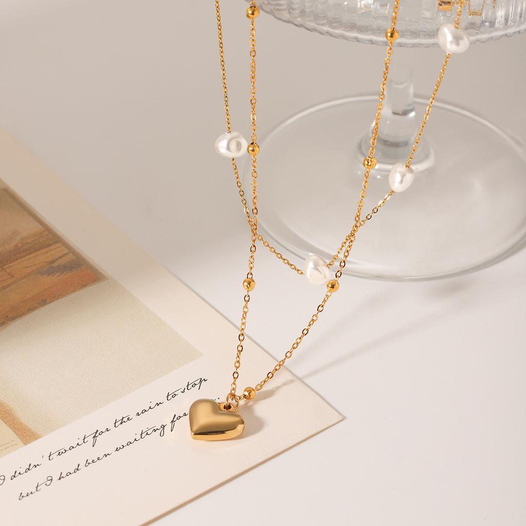 Layered Pearl Necklace With Heart Pendant Titanium Steel Choker For Women Elegant Collarbone Chain