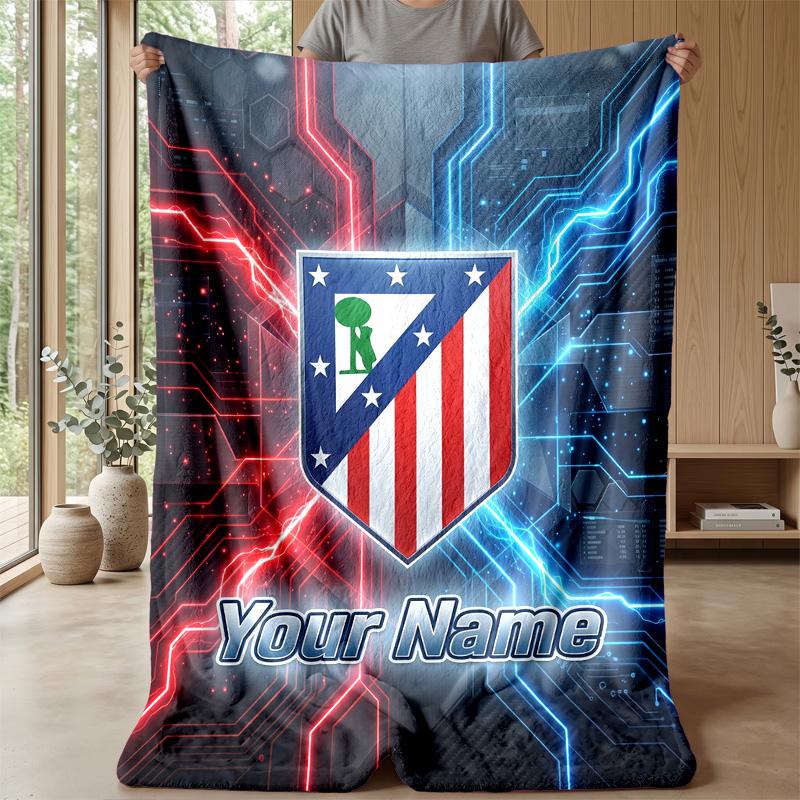 Custom Text Flannel Throw Blanket, Lightweight Cozy Bed Sofa BlanketAtletico Madrid
