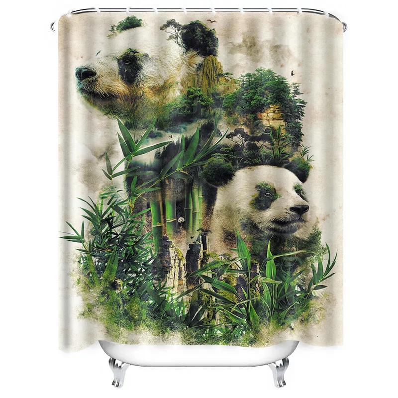 Green Bamboo Forest Shower Curtain with Animal Design for Bathroom Decoration White Background Art Print Shower Panels