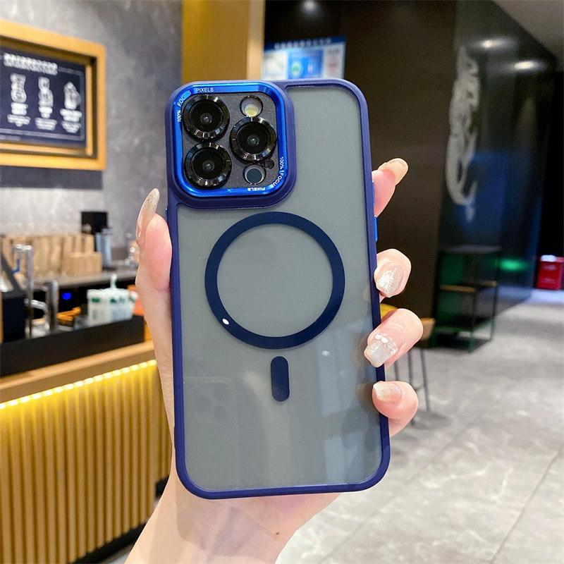 Funda magnética transparente con bisel de color de alta calidad de lujo para iPhone 15 Pro Max 14 Plus 13 12 11 Pro, cubierta completa con cubierta de película para lente