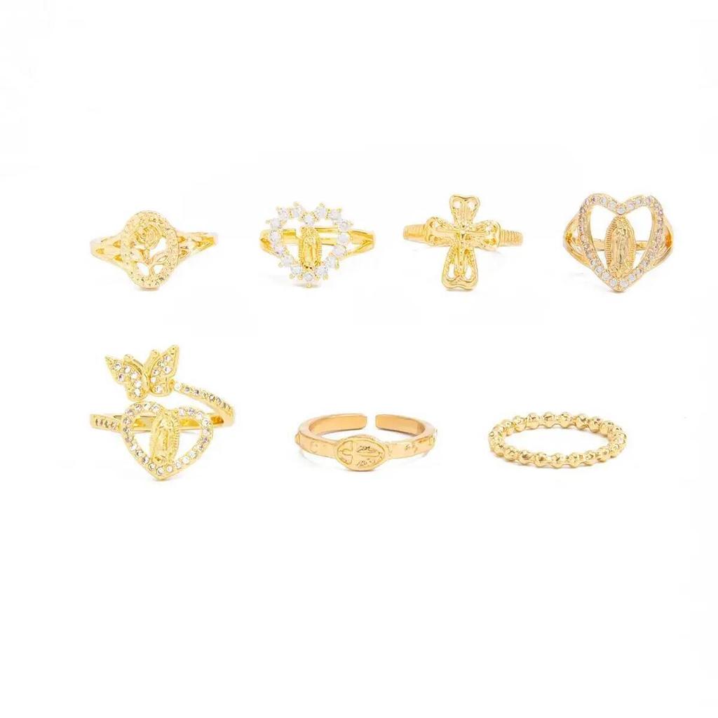 IngeSight.Z 7Pcs Trendy Vintage Heart Rhinestone Rings Women Exquisite Metal Butterfly Chic Open Knuckle Ring Charm Jewelry Set