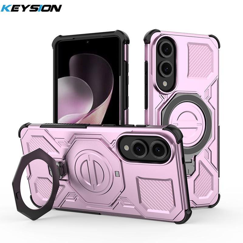 

KEYSION Противоударный магнитный чехол для Samsung S25 Ultra 5G S25+Plus с вертикальной живой металлической кольцевой подставкой, чехол для телефона Galaxy S25 Edge for Galaxy S25 Edge розовый