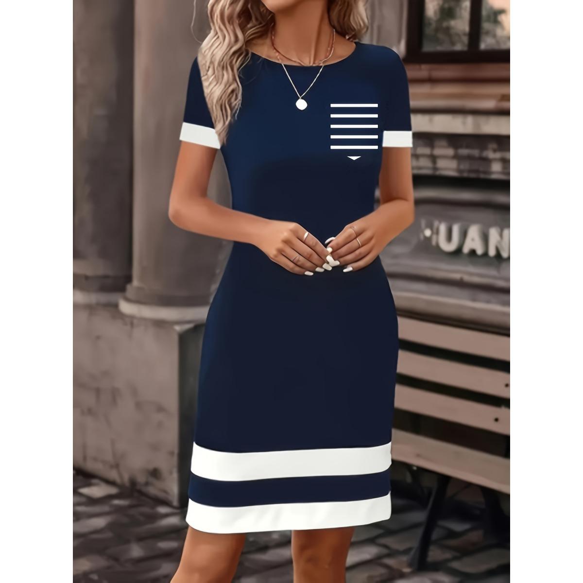 New Women s Bodycon Colorblock Short Sleeve Crew Neck Pocket Dress, Casual Fashion Sundress for European American, Summer Casual Clothing S тёмно-синий