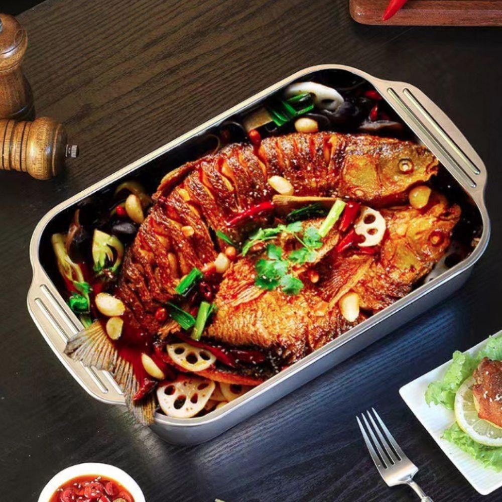 with Lid Grilling Tray Non-stick Bottom Grilled Fish Plate Baking Tool Roaster Pan  Oven