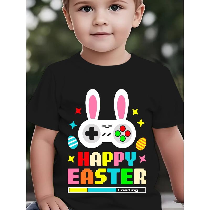 European sizes Boys' Bunny Ears & Happy Easter Egg Hunt T-Shirt - Short Sleeve Summer Outfit with Bunny Game Handle Prints, Round Neck Casual Top