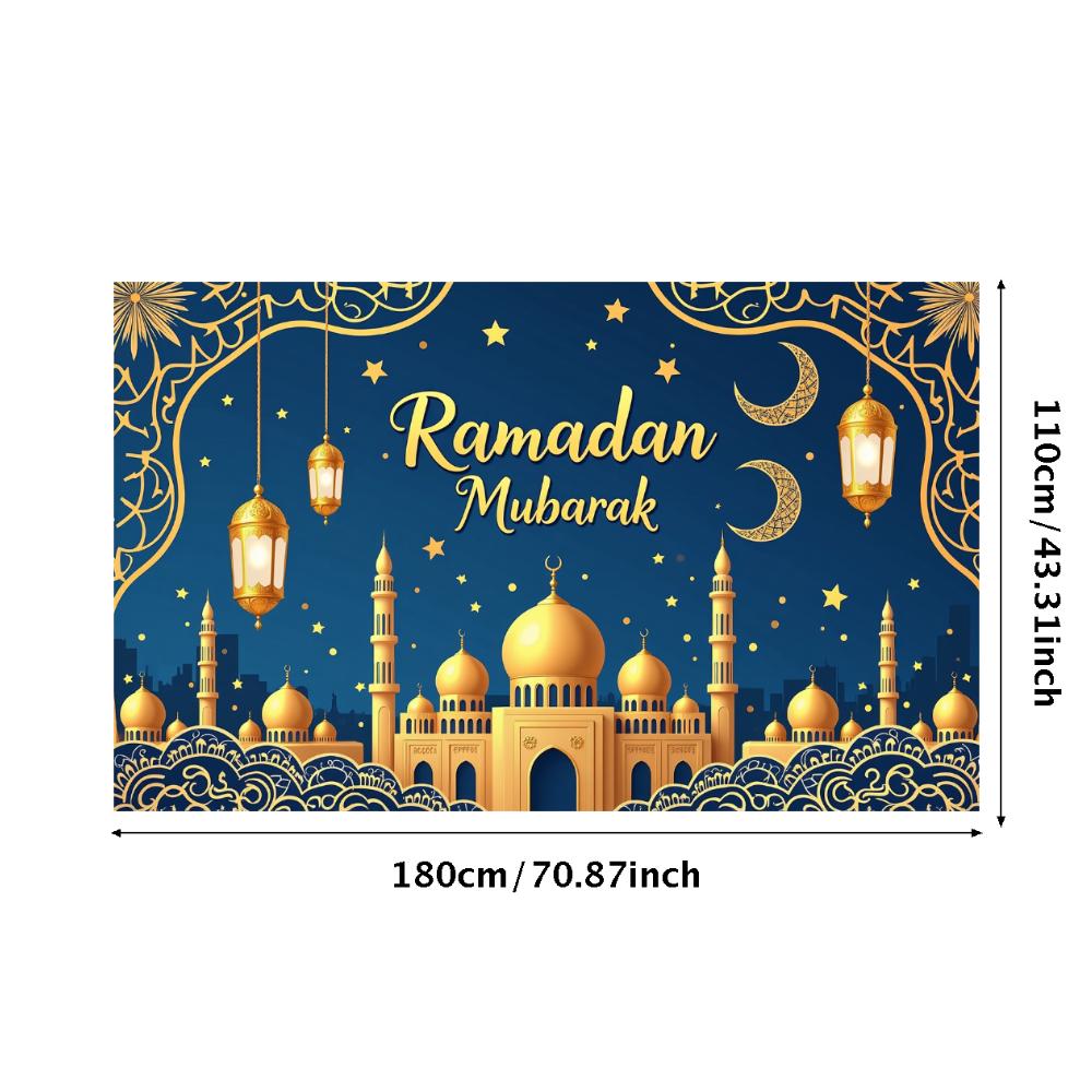 Crescent Moon Banner Blue Background Ramadan Mubarak Banner Ramadan Party Polyester Material Islamic Decoration For Holiday