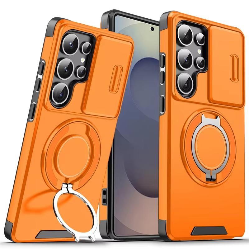 

Бронированные магнитные чехлы-подставки с кольцом для телефонов Samsung Galaxy S25 S24 S23 S22 Ultra Plus S21 FE Case Чехол со сдвижной защитой камеры Galaxy S25 Ultra оранжевый