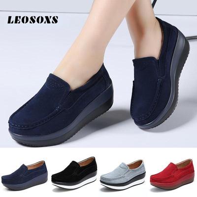 Herbst Frauen Plattform Turnschuhe Leder Wildleder Mokassins Schuhe Damen Blau Casual Oxford Schuhe