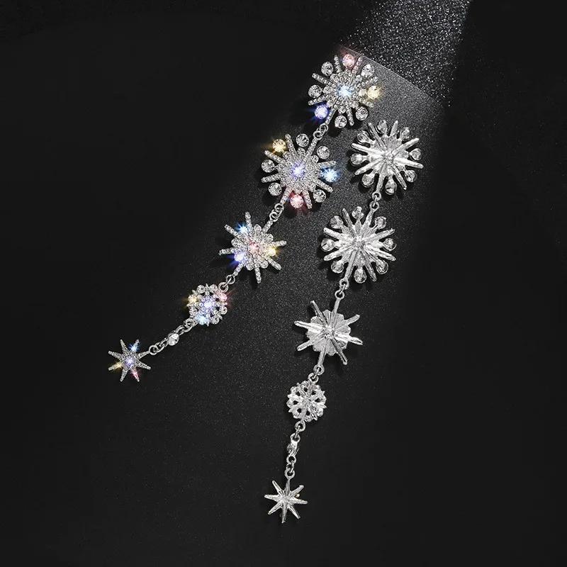 Shine Snowflake Rhinestone Drop Earrings for Women Long Tassel Star Crystal Earrings Weddings Engagement Zircon Gift