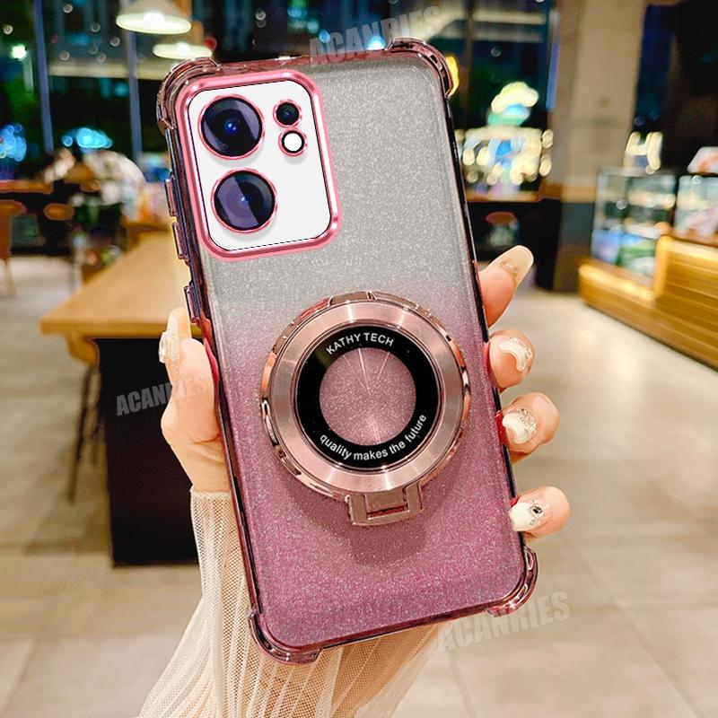 Reno13f Luxury Gradation Plating Holder Case For Oppo Reno13 F Fs Reno 13 13f 13fs Shockproof Silicone Stand Cover Reno13fs 5g