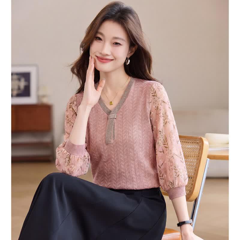 Elegant Floral Print V-Neck Chiffon Blouse 115