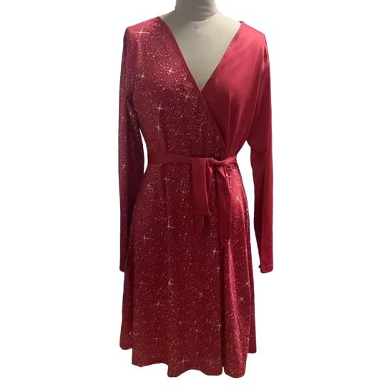 Fall Spring Women Dress V Neck Lace-up Tight Waist Sequin Decor A-line Big Hem Long Sleeves Prom Party Mini Dress
