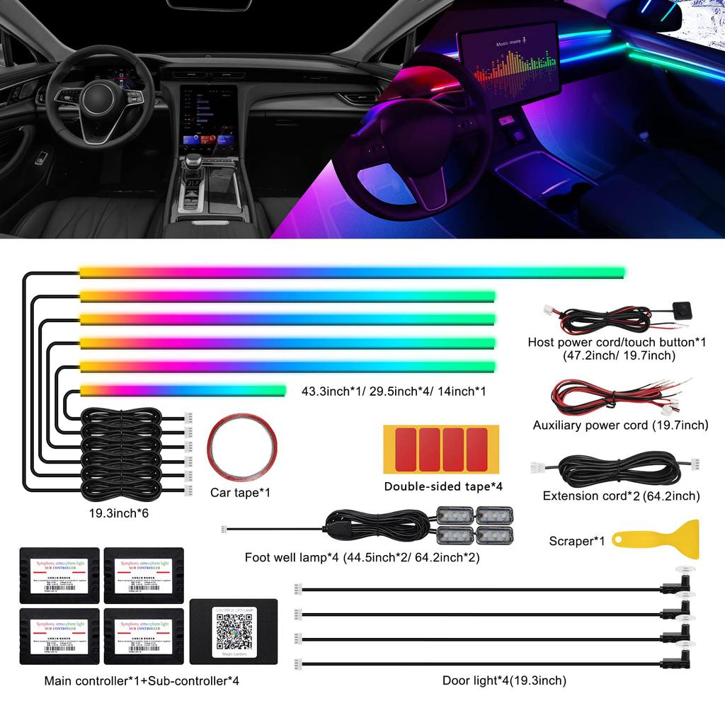 Dreamcolor Akryl Interiør Bil LED Strip Lys med APP 18 i 1 Neon Fiberoptiske Stripelys for Bil Ambient Lyssett