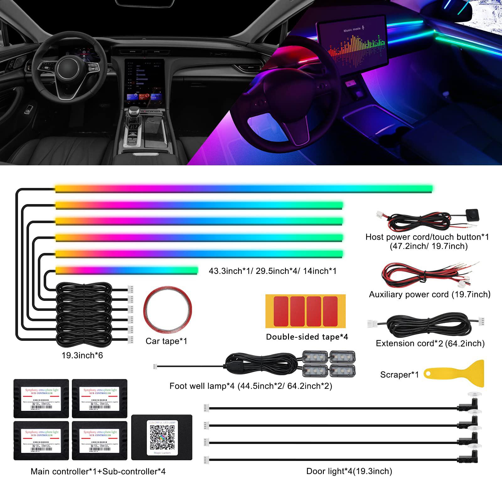 

Універсальне RGB 64 кольорове автомобільне підсвічування салону LED прихована акрилова стрічка лампа атмосфери симфонії з керуванням зоною кнопок через додаток