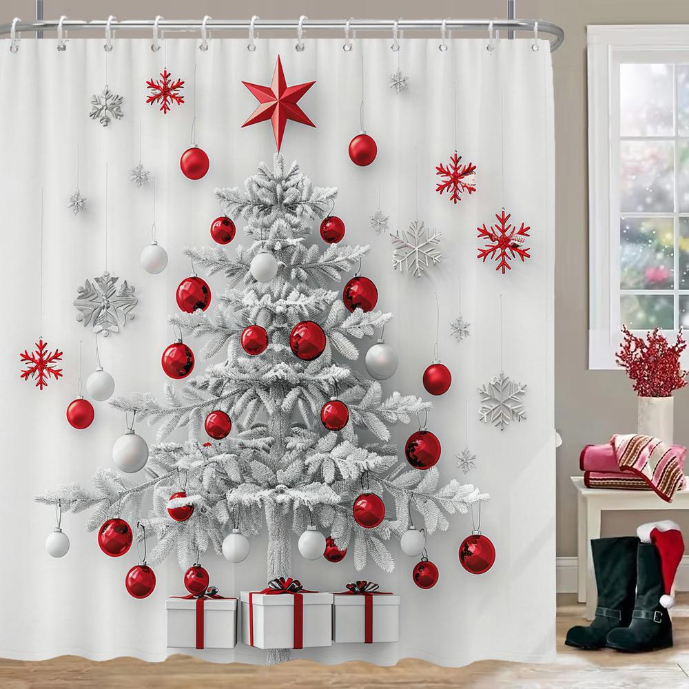 Merry Christmas Tree Bell Print Bathing Curtain Bathroom Shower Curtain,Home holiday Decorative Christmas Curtain with Hooks