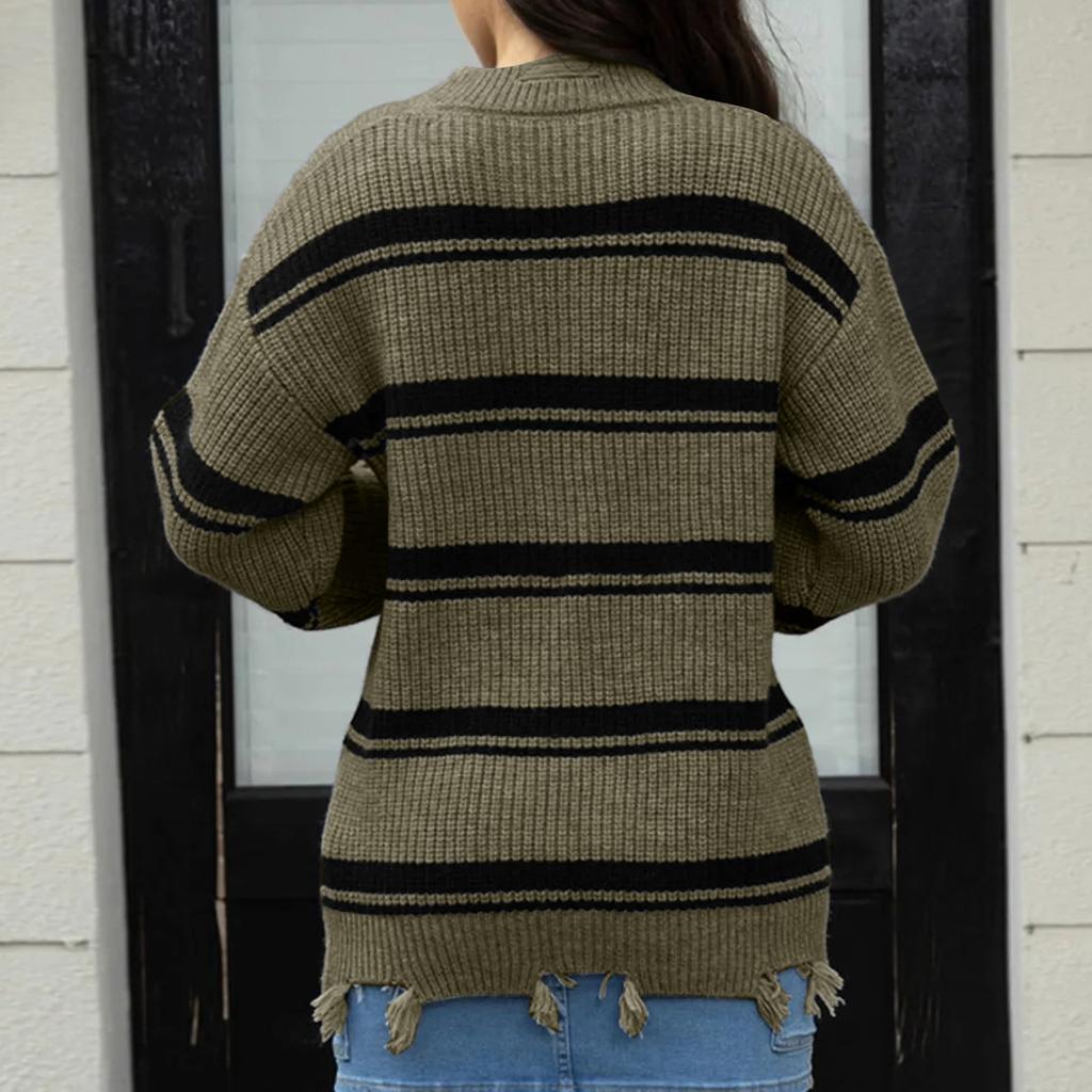 Women's Fashion Loose Winter Contrast Colorblock Striped Tassel Knitted Sweater