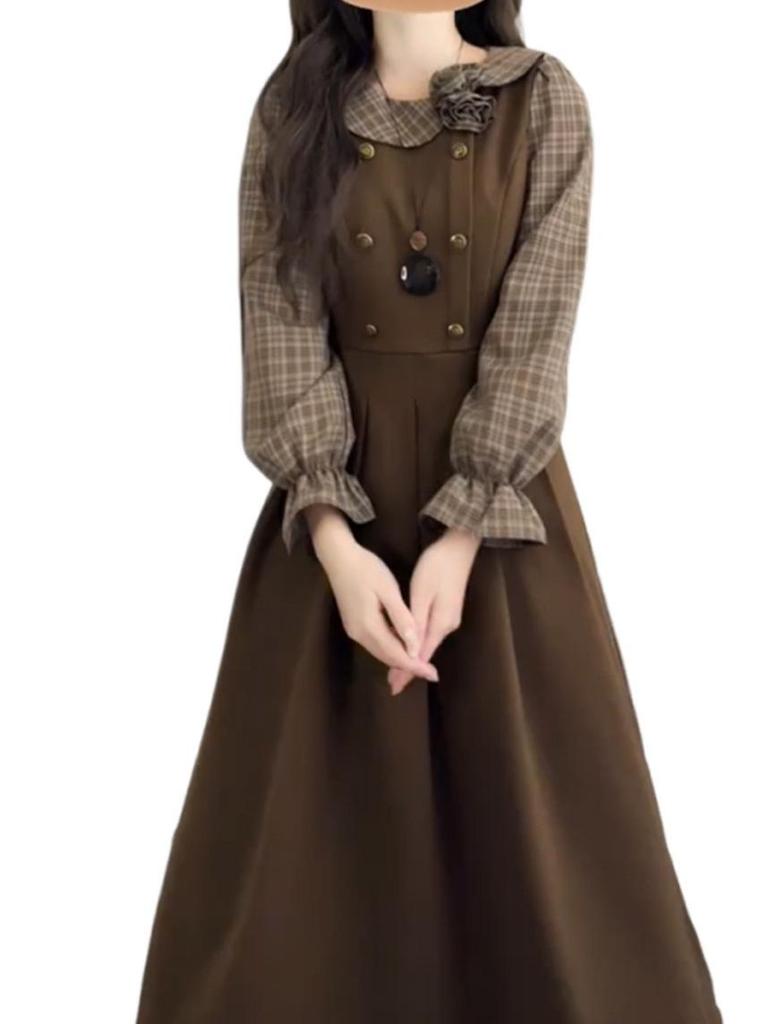 Elegant French Retro Faux Two-Piece Long Sleeve Dress - Women's High-End Slimming Waist-Cinched Autumn Winter 2025 Fashion