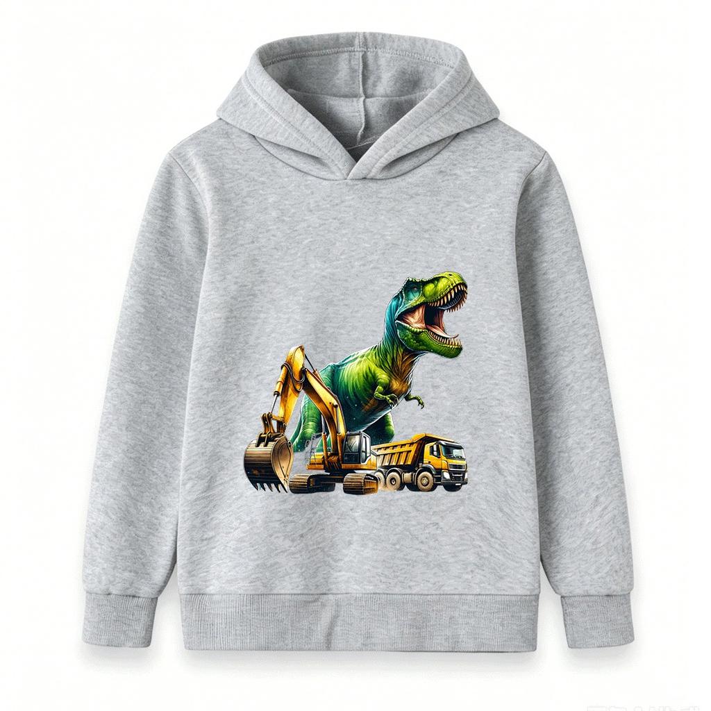 Kids Boys Girls Hoodie Sweatshirt Cool T-Rex Dinosaur Excavator Dump Truck Print Casual Pullover Hooded Tops for Construction Dino Fans