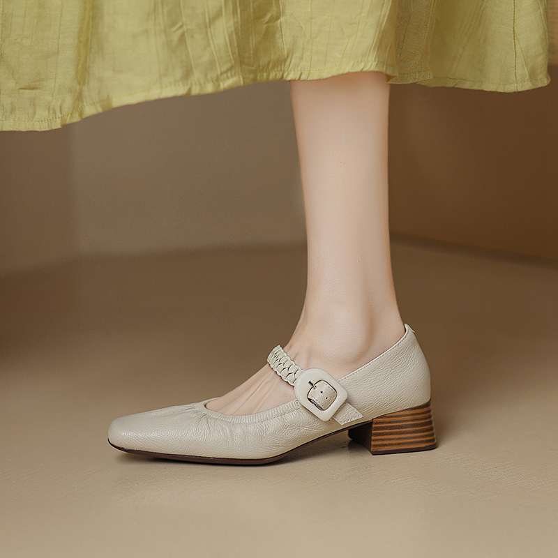 Krazing Pot Sheep Skin Summer Spring Autumn Med Heels Buckle Straps Women Square Toe Shallow Pumps