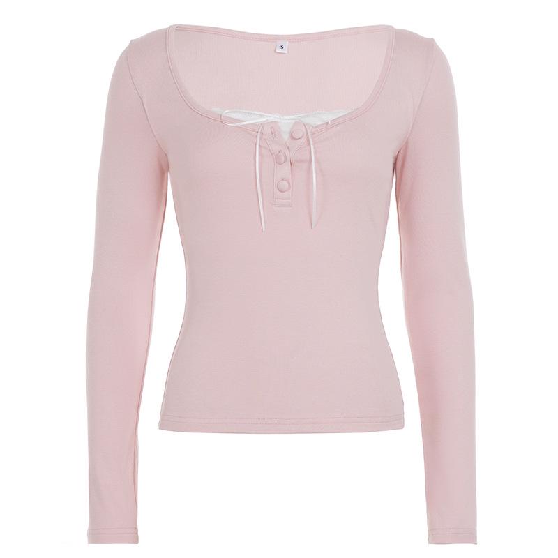 Korean Sweet Style Lace-Trim Two-Piece Long-Sleeve T-Shirt with Bowknot