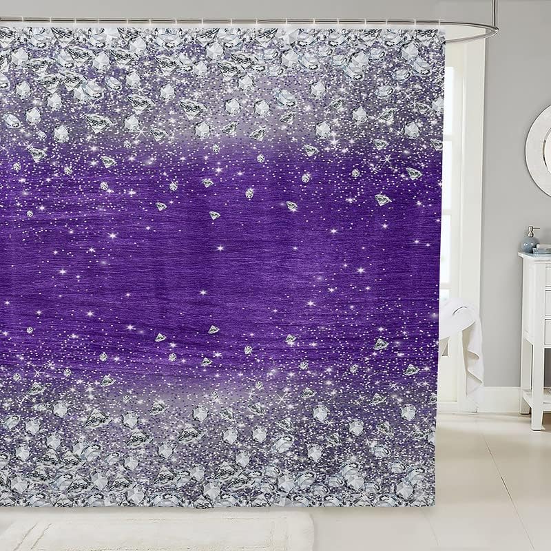 

Purple Crystal Shower Curtain Sparkle Diamond Design Glamour Bathroom Decor Linen180X180 W60H190(CM)-1 Pcs