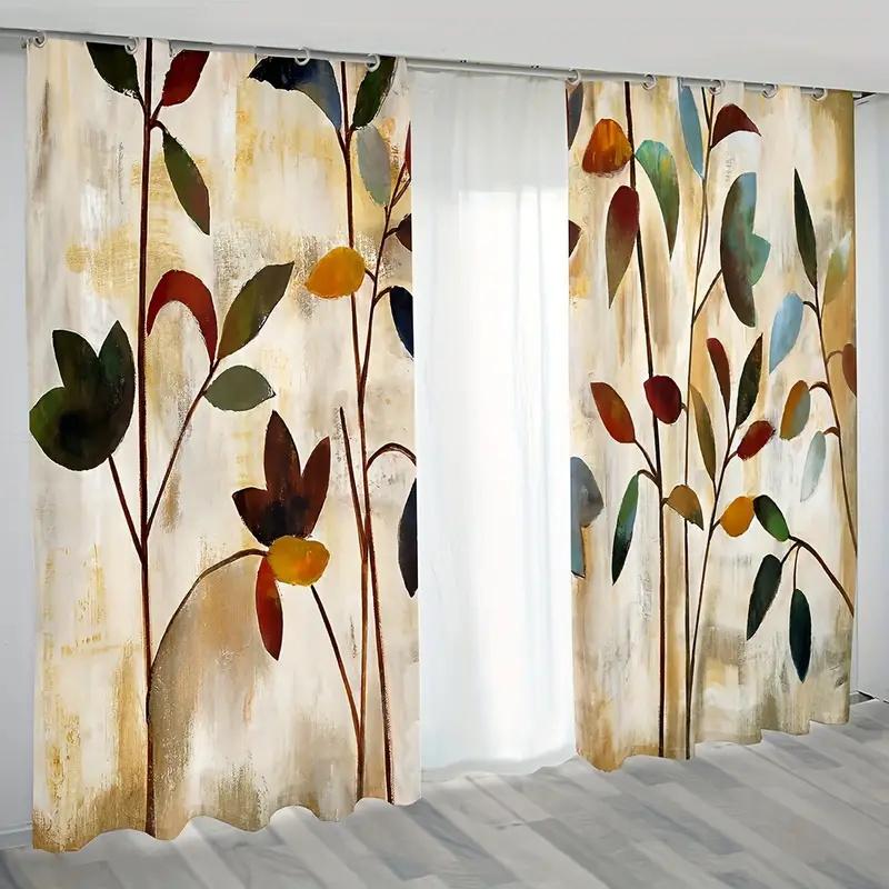 2 Curtains, Watercolor, Plant Leaves, Door Rings, Thermal Noise reduction art, Elegant and Multifunctional Fabric, Met