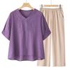 Linen Silk Embroidered Short Sleeve Women's T-Shirt Set New Summer Style Two-Piece Suit for Middle-Aged Mothers