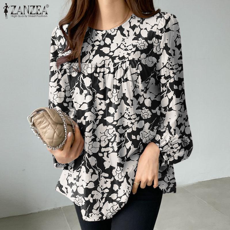 

ZANZEA Женская повседневная блузка с длинным рукавом и круглым вырезом в стиле ретро