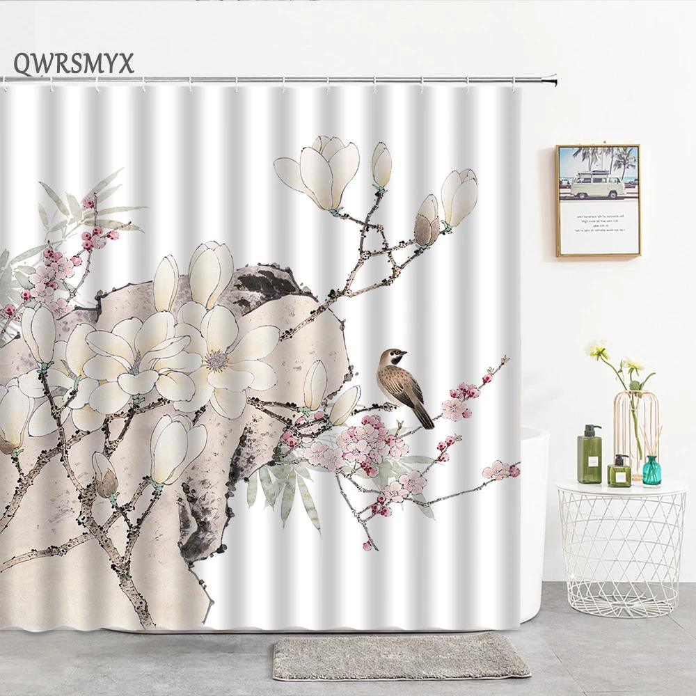 Waterproof Ink Painting Bamboo Leaves Bird Shower Curtains, Mountain Water Plant Landscape, Bathroom Curtain, Home Decor