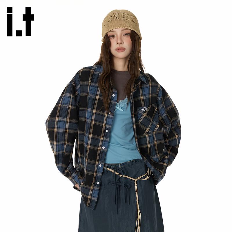 GROUND ZERO Unisex Letter Print Plaid Color-block Loose Shirt