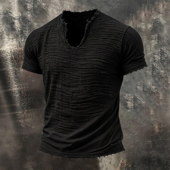 Camiseta de Hombre con Flecos Camiseta Retro de Manga Corta con Cuello en V Elegante Desgastada Camiseta de Verano para Fiesta Playa Vacaciones Gimnasio
