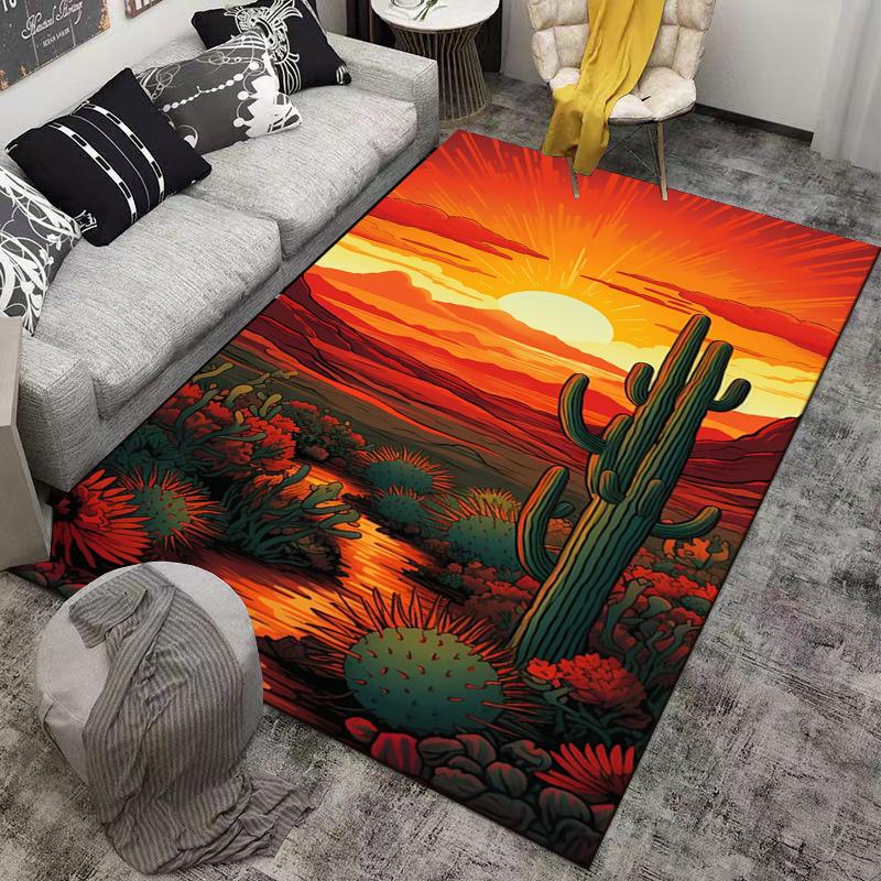 Sunset Desert Landscape Carpet with Cactus Plants and Fiery Colors Suitable for use as an anti-slip for living room bedroom sofas