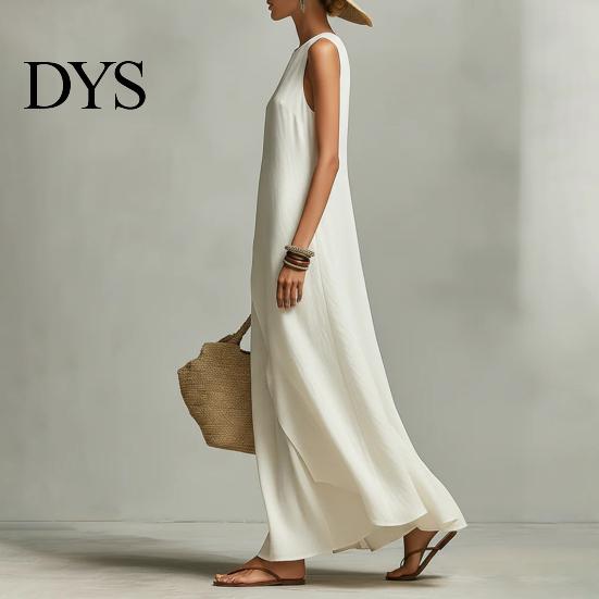 Simple Dress Women's Sleeveless Cotton Linen Dress, Casual Irregular Hem Crew Women Neck Long Summer Loose Beach Vacation Sundress Fit