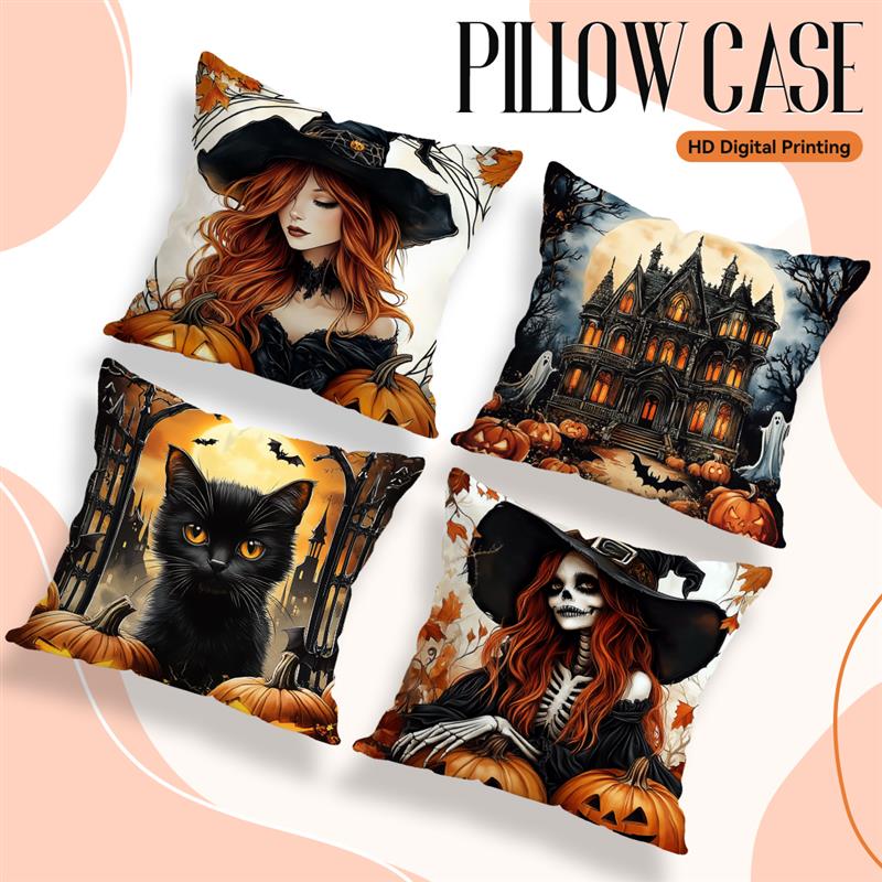 Home Decor Halloween-themed Witch & Cat Pattern Pillow Covers Pattern Cushion Cover Suitable for Sofa Bedroom Car Pillow Cover