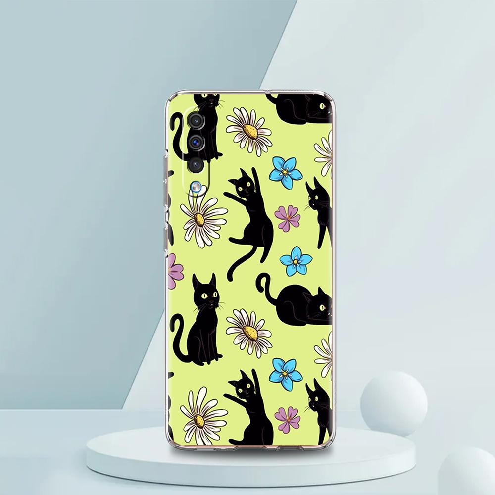 Чорний Кіт Мультяшний Милий Чохол Для Samsung A54 A52 A50 A70 A30 A40 A20S A20E A02S A12 A14 A22 A42 A72 A34 A32 5G A04s Прозорий Чохол