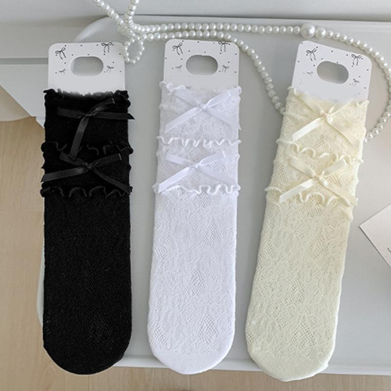 Cotton Girls Socks, Spring Thin Style In Tube Socks 3-Layer Lace Bowknot Charm Stackable for Kids 3-13T