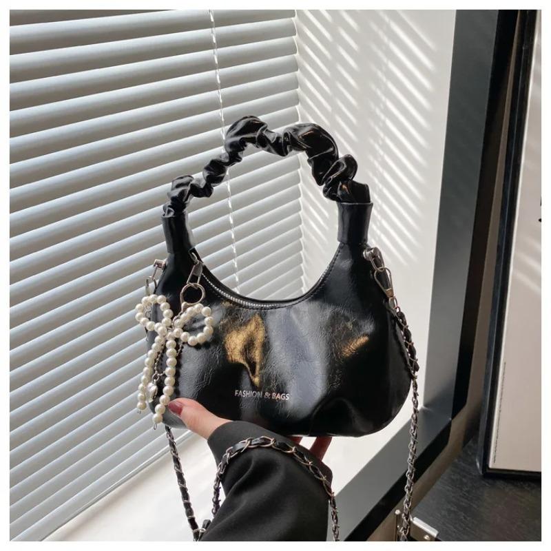 

Fashi Pleated Design Shoulder Bags for Women Solid Color Ladies Soft Pu Crossbody Bag Pearl Girls Hobos Handbags Purse Clutch no pendant чёрный
