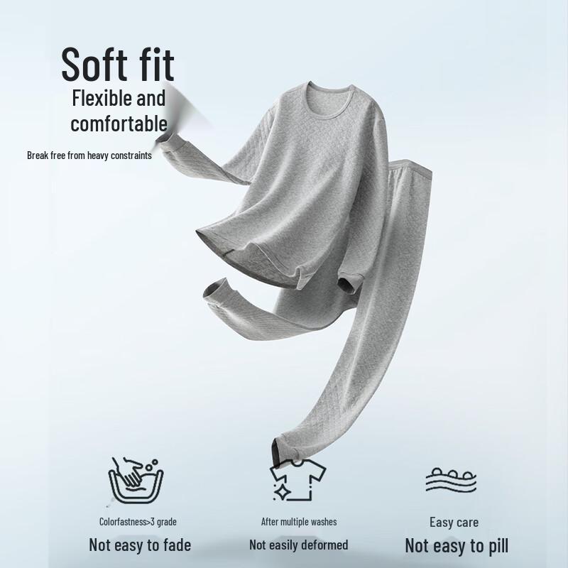 Yiershuang Men's Plus Size 100% Cotton 3-Layer Thermal Underwear Set