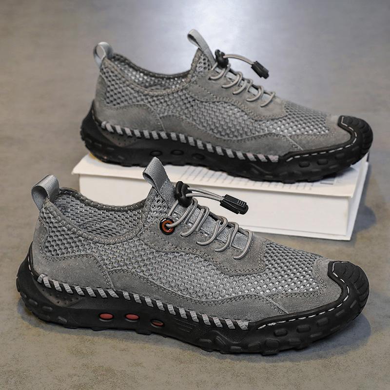 

Men’s Outdoor Hiking Shoes Grey Driving Shoes Casual Slip on Summer Hole Handmade Mesh Shoes Plus Size 45 46 EU: 39 серый
