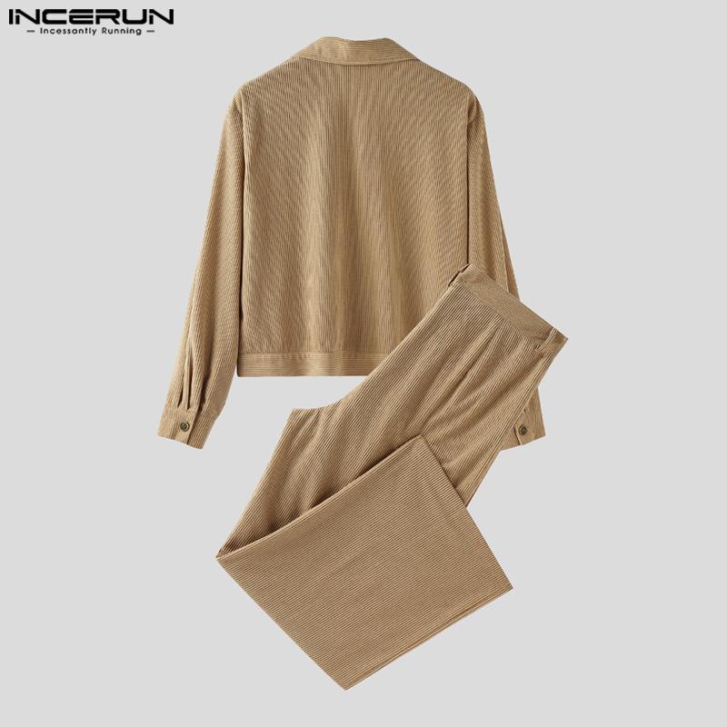 INCERUN 2PCS Autumn Men Lapel Neck Corduroy Long Sleeve Shirt Long Straight Pants Sets Outfits