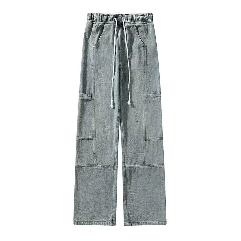 Pantaloni din denim de stradă pentru bărbați, retro distressed, pantaloni largi cu picioare drepte, pantaloni sport cu picioare largi, la modă