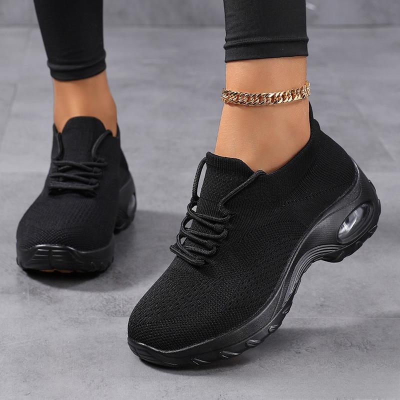 Fashion Women Platform Shoes Knitted Running Sports Shoes Anti-slip Air-cushion Sneakers Breathable Mesh Dancing Traveling Shoes